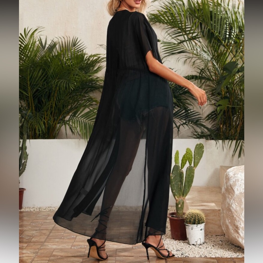 🔥FINAL SALE🔥 Elegant Black Sheer Tie Waist Swim Kimono - Picture 2 of 5